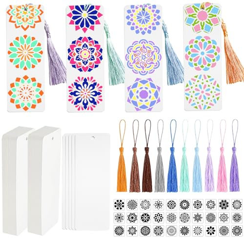QVMKWL 230 Stück DIY Blanko-Papier-Lesezeichen-Set, 100 weiße Karton-Lesezeichen mit 100 bunten Quasten und 30 Malmuster-Vorlagen (Mandala-Stile)