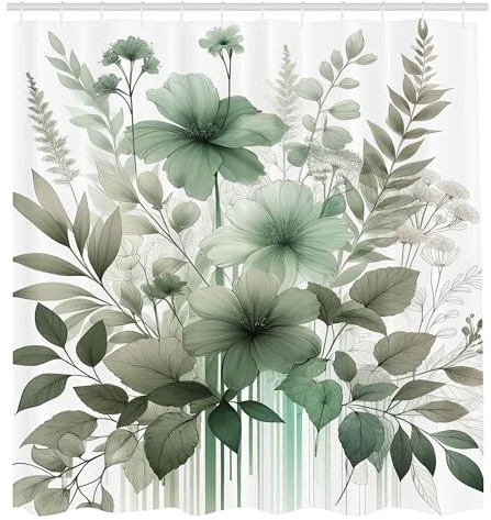 ABAKUHAUS Salbeigrün Duschvorhang, Nostalgie Töne Zarte Blütenblumen Durcheinander und Blätter mit Streifen, Stoffliches Gewebe mit Haken, 175 x 200 cm, Grau Türkis Kadettenblau