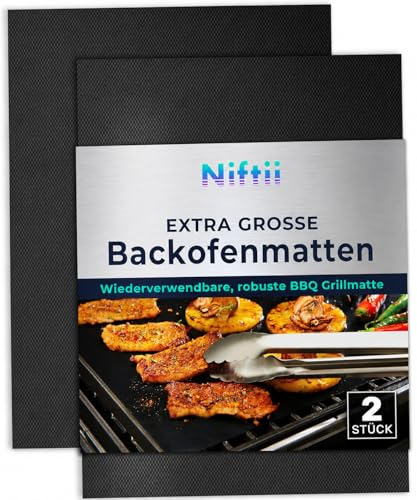 Extra stor grillmatta – förpackning med 2 non-stick grill- och bakmattor för gas, kol, ugn och elektriska grillar, återanvändbara värmebeständiga ugnsmattor, viktiga grilltillbehör