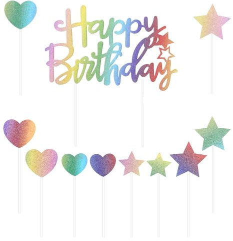 11 Pcs Glitter Flash Happy Birthday Cake Decoration - Star, Heart, Cupcake Toppers for Birthday, Anniversary, Baby Shower