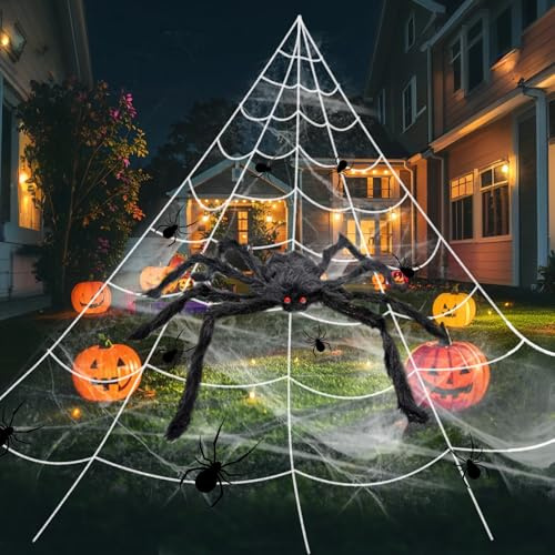 OXNSHEJW Halloween Spider Web Decorations, 1Pcs 50 Giant Spider 200 Triangular Spider Web 20Pcs Plastic Spiders, Large Hairy Spider Set Halloween Spider for Outdoor Indoor Porch Party (Black)