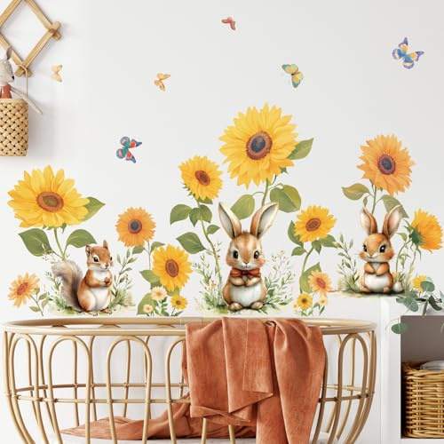 SHUCHING Wandtattoo Sonnenblume, Wandaufkleber Großer Hase, Selbstklebend Wandsticker für Mädchen Wohnzimmer Schlafzimmer Küche