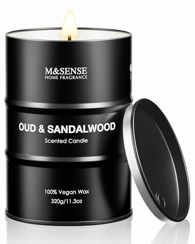 M&SENSE Oud - Velas aromáticas de madera de sándalo en tarro (320 g, 60 h) – Vela de cera de soja natural para hombres – Aromaterapia para el hogar – Regalos para el Día del Padre