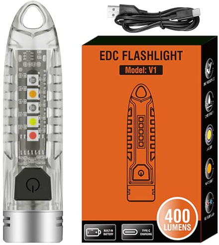 HYVCZP Mini V1 - Torcia luminosa con portachiavi, 400 lumen, torcia a LED ricaricabile, 12 modalità e impermeabile, per escursioni all'aperto, illuminazione di emergenza