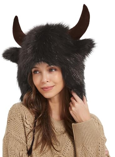 Erwachsene Bison Hut Plüsch Warm Büffelhut Bison Hut mit Hörnern Stier Horn Hut Winter Ohrenschützer mit Hörnern Ohr Kopfbedeckung für Männer Frauen für Tier Cosplay Festival Mottoparty Outdoor