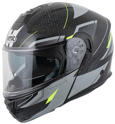 MTR K-4 Evo Klapphelm, als Jethelm & Integralhelm ECE 22.06 Geprüft, Motorradhelm mit Sonnenvisier, Mopedhelm mit Komfort-Innenfutter, Motorradhelm Herren & Damen, Fusion Grau/Neongelb, XXL