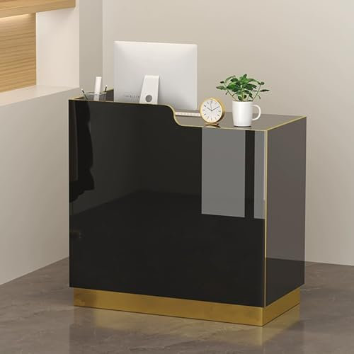 Snaweo Empfangstheke mit LED-Beleuchtung, Rezeptionstheke für kleine Räume, Empfangstresen für Büro und Lobby, Willkommensschalter für, Rezeptionstisch mit abschließbarer Schublade(Black+gold L,110cm/