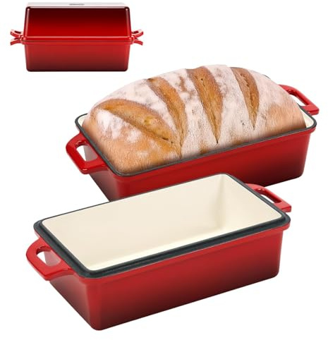 Northriver Casting Brotbackform aus emailliertem Gusseisen, 22,9 x 12,7 cm, perfekte Sauerteig-Backformen, gleichmäßige Wärmeverteilung für hausgemachtes Brot, Kuchen, Hackbraten, 2-teiliges Set, rot