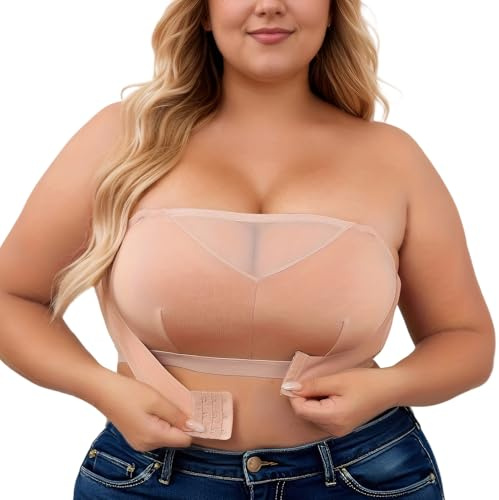 Adigau Soutien-Gorge Femme Grande Taille Minimiseur Bandeau Bretelle Amovible Boucle Avant sans Fil Bralette sans Coussinets Beige L