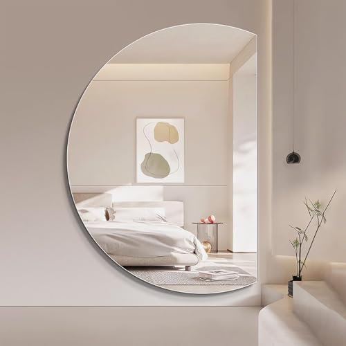 Zhoudong Groß Unregelmäßiger Rahmenlos Wandspiegel, 110/120cm Beschlagfrei Badspiegel mit Touch-Schalter, Halbrunder Make-up Spiegel 3 Lichtfarbe Einstellbare(Left Circle,51 * 35in)