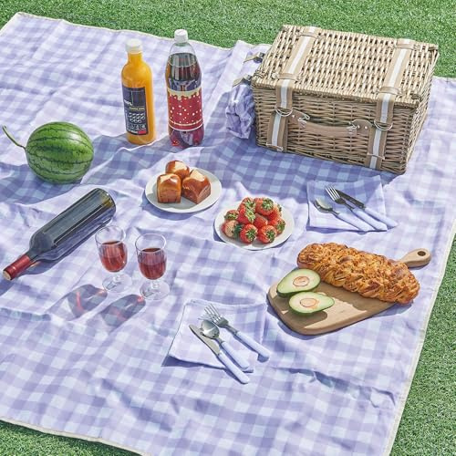 casa.pro Picknickkorb für 2 Personen Bisceglie Komplettset mit Kühlfach und Flaschenkühler Weide Flechtkorb Picknick Set Geschirr mit Besteckset Decke kariert Natur/Violett