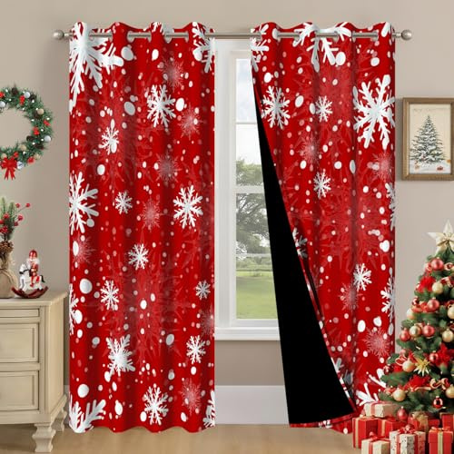 DASHAN Red Christmas Blackout Curtains for Bedroom Living Room 84 inch Length 2 Panels Set, Xmas Snowflake Room Darkening Curtains Snow Winter Thermal Insulated Curtains Window Drapes 52Wx84L