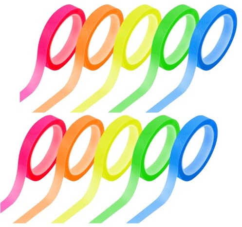 10 rotoli di nastro adesivo colorato trasparente, etichette fluorescenti rimovibili, per leggere note scolastiche, adatte per studenti e insegnanti (0,6 cm x 5 m)