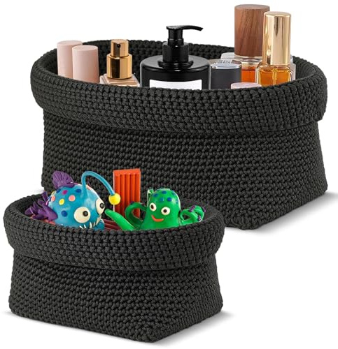 2er Set Faltbare Häkelkörbe aus Baumwolle - Zusammenklappbare Aufbewahrungskörbe für Handtücher, Kosmetik & Schmuck, Organizer für Bad, Küche & Regal