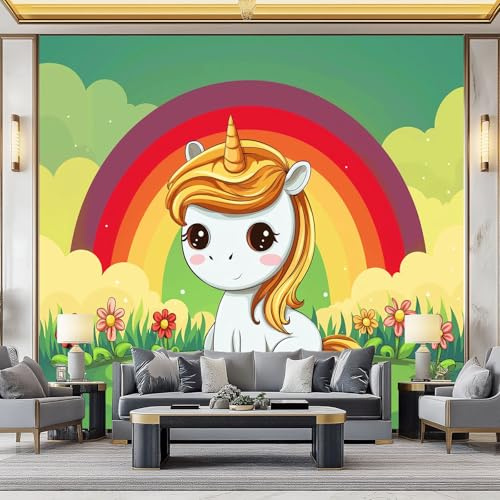 Wiesenblumen Einhorn Regenbogen Fototapete 3D Effekt 200 x 140 cm (Breite x Höhe), Vlies Fototapete Moderne Wandtapete Cartoon-Stil Wand Schlafzimmer Wohnzimmer Dekoration