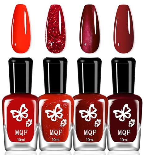 4 Farbe Glänzend Nagellack Set - Schnelltrocknender Langanhaltender Nagellack Ohne UV Lampe - Ungiftig Farblack Auf Wasserbasis - Natürlicher Nail Polish mit Veganer Formel, Weinrot Jelly-Rot (ROT)