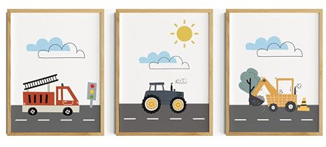 Generisch Kinderzimmer Bilder Junge, Poster Traktor, Bagger und Polizeiwagen, Fahrzeuge Kinderzimmerdeko, Jungenzimmer Wanddeko, als 3er Bilder Set ohne Rahmen (DIN A4 (21x29,7 cm))