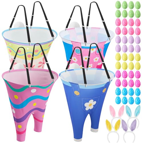 PullCrease 4 Sets Easter Granny Pants Outdoor Games, Giant Granny Cute Pants with Egg Balls & Bunny Ear Headbands, Funny Spring Yard Tossing Game for Adults Family Party Gathering (Various Style)