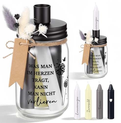 Tenare Cadeau de Deuil pour les Personnes Endeuillées 4 Bougies Commémoratives avec Inscriptions 1 Bougeoir en Verre 1 Bouquet de Fleurs Séchées Souvenir, Hommage au Défunt, Cadeau