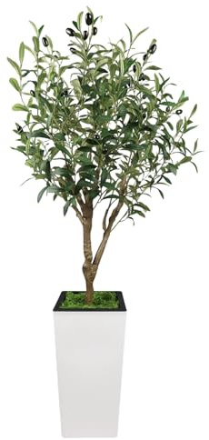 Olivo Artificial en Maceta Blanca Alta – Árbol Decorativo de Tela y Plástico con Copa Coronada, Tronco Único, Ideal para Interior, Sin Mantenimiento