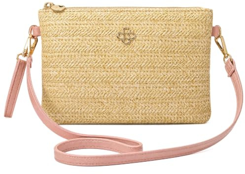 KIPTVO Straw Crossbody Bag for Women, Woven Small Beach Purse with Adjustable Strap, Summer Handmade Zipper Shoulder Bag for Holiday Travel, Bohemian Beige Casual Tote for Vacation Daily Use