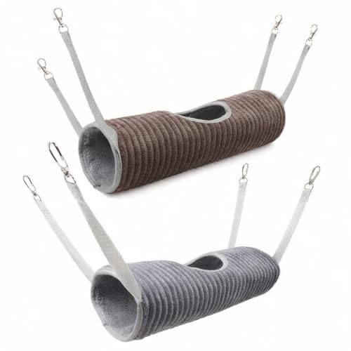 Mtbricey 2PCS Small Animal Hanging Tunnel Hammock for Hamster Rat Ferret Guinea Pig Chinchilla Plush Cage Hideout Tunnel Bed Hammock For Cage Washable Soft Fleece with 4 Clips (Brown+Gray)