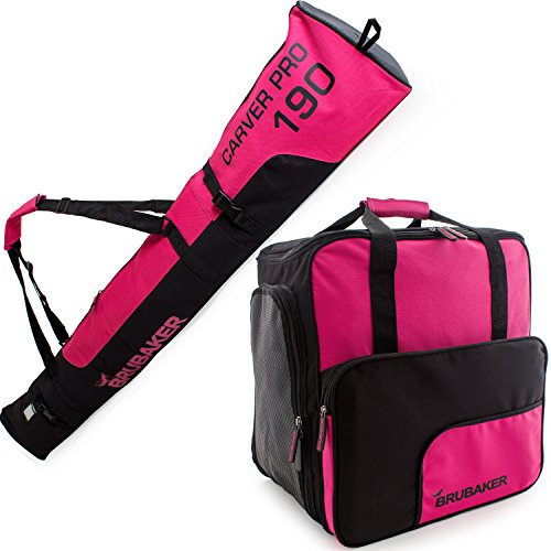 BRUBAKER Kombi Set Carver PRO - Limited Edition - Skisack und Skischuhtasche für 1 Paar Ski 170 cm oder 190 cm + Stöcke + Schuhe + Helm Pink Schwarz