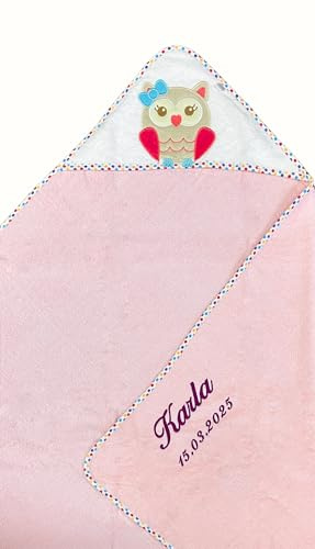 KIDDI-MEDIA Kapuzenhandtuch, Rosa Eule, 100x100 cm, 100% Baumwolle | Bestickt mit Name und Geburtsdatum, kuschelig weich