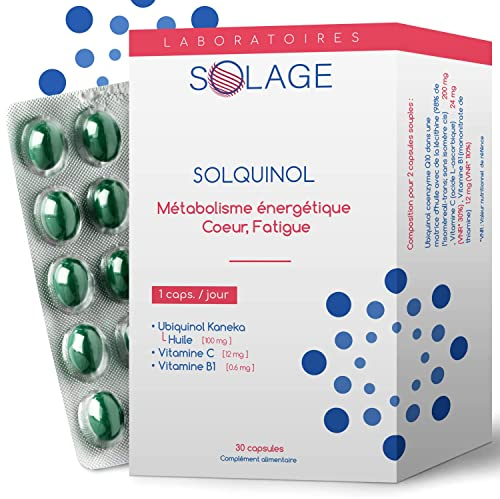 SOLQUINOL. COENZYME Q10 UBIQUINOL KANEKA Pure et Stable, La seule forme étudiée et démontrée - Antioxydant Radicaux Libres, Anti-âge, Anti-fatigue. 30 capsules de 100mg d’ubiquinol. Laboratoire SOLAGE