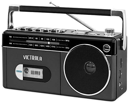 Victrola Mini Bluetooth Boombox with Cassette Player, Recorder and Am/FM Radio, Grey
