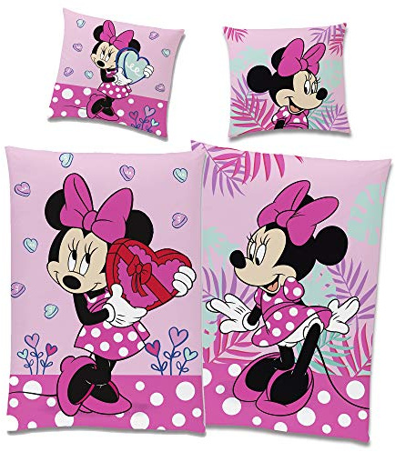 Minnie Mouse Bettwäsche-Set Wendemotiv Herz Pink 135 x 200 cm + 80 x 80 cm - 100% Baumwolle in Linon-Qualität mit YKK-Reißverschluss Renforcé Minnie Maus Disney Mickey Sweet Love Deutsche Größe