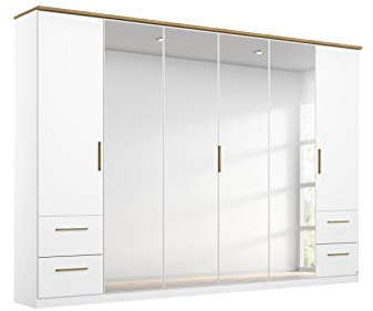 Rauch Möbel Carlsson Schrank Drehtürenschrank in Weiß, Griffe/Füße Eiche Massiv, 6-türig mit Spiegel und 4 Schubladen, inkl. Zubehörpaket Basic 3 Kleiderstangen, 3 Einlegeböden, BxHxT 271x212x58 cm