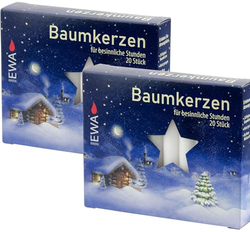 apog-Versand 2er Pack Baumkerzen weiß – ca. 13 × 105 mm – 2×20 Stück (40 Kerzen) – Weihnachtskerzen/Christbaumkerzen/Pyramidenkerzen – Ebersbacher Kerzenfabrik