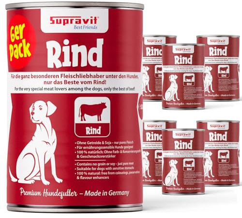 Supravit Nassfutter mit Rind für Hunde I 6 x 820g | schmackhafte Hundefutter Dose I leichtbekömmliches Hundenassfutter I Nassfutter Hund getreidefrei, ohne Zusatzstoffe & Aromen