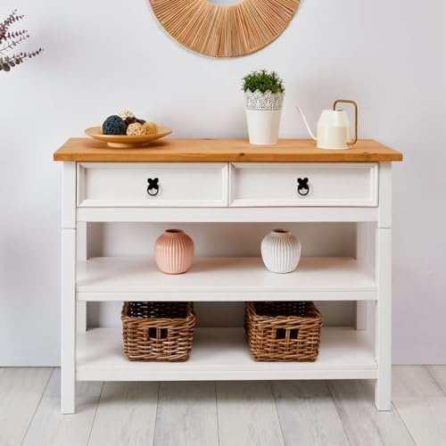 IDIMEX Table Console Tequila Table d'appoint Style Mexicain avec 1 Grand tiroir et 2 étagères, en pin Massif lasuré Blanc et Brun