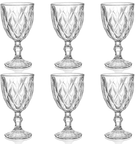 SOUJOY 6 Pack Glasses Goblet, 10oz Vintage Embossed Glass Cup, Beverage Stemmed Party Wine Glasses for Soda, Juice in Bars, Restaurants, Home