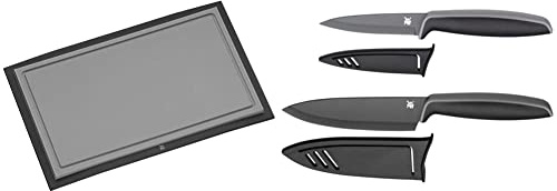 WMF Schneidebrett Tranchierbrett Touch schwarz 32 x 20 cm rechteckig aus Kunsstoff Saftrillen spülmaschinengeeignet leichte Reinigung & Messerset 2-teilig TOUCH schwarz 2 Messer Küchenmesser
