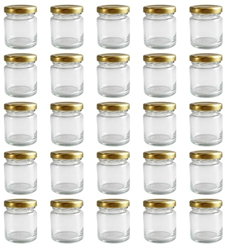 Vitrea 25x Mini Marmeladengläser 37 ml - mit Deckel Gold TO 43 - kleine Einmachgläser zum befüllen mit Schraubdeckel - Schraubgläser - leere Gläser für Marmelade - 25 Stück