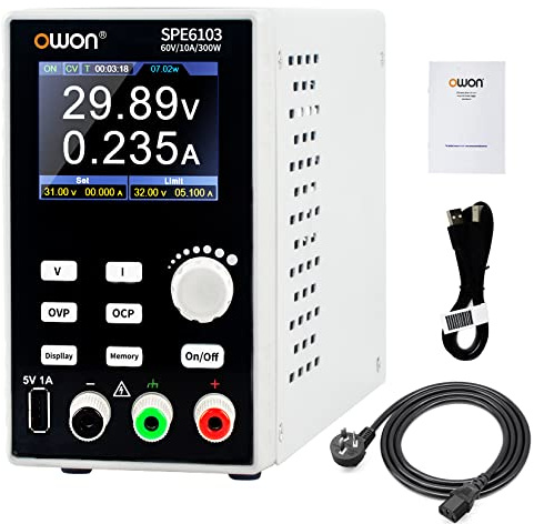 OWON SPE6103 Fuente de alimentación de laboratorio programable (0-60 V 0-10 A), fuente de alimentación de CC de 300 W, pantalla LCD de 2,8 pulgadas, software de PC de salida de canal único y carga USB