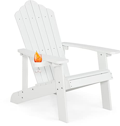 GIANTEX Adirondack Stuhl, Gartenstuhl mit Hochlehner & verstellbarem Getränkehalter, wetterfester Balkonstuhl für draußen, belastbar bis 170kg, 85 x 77 x 94 cm (Weiß)