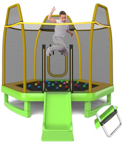 COSTWAY 7ft Kids Trampoline, Hexagonal Trampolines with Slide, Ladder, Safety Enclosure Net and Ocean Balls, Toddler Jumping House for Indoor Outdoor (Green + Yellow)