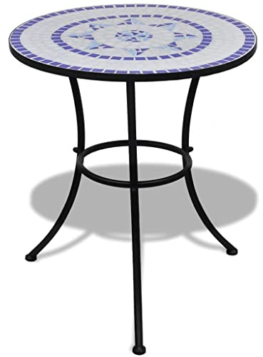 FIRBNUS Tavolo da Bistrot Blu e Bianco 60 cm a Mosaico Tavolino Rotondo Tavolo da Bar Tavolino Bar Tavolino Caffe Tavolo Mosaico da Giardino Tavolo da Giardino Ferro Tavolo Rotondo