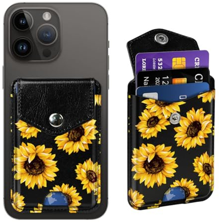 Yiyahu Self Adhesive Card Holders for Back of Phone, Cute Leather RFID Phone Wallet Pockets with Snap, Slim Card Holders Sleeve for Phone Case, Sunflower