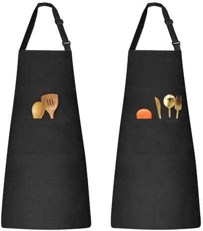 LUKDUNG 2 Stück Damen Männer Schürze, Verstellbare Küchenschürzen mit 2 Taschen, Kochschürze für Küche Restaurant Café Hausarbeit, Schwarz