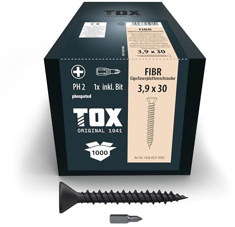 TOX Gipsfaserplattenschrauben FIBR 3,9 x 30 mm, 1.000 Stk. | Schwarz phosphatiert, für Gipsfaserplatten, schnelle Verarbeitung, PH2, inkl. Bit, 142643213930