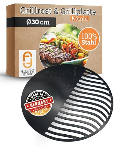 Feuerfest 123 Kombi Grillrost & Grillplatte I Ø 30cm I Hochwertiges Grillgitter aus Stahl I Massive Grillplatte mit 4mm Stärke I Gitterrost aus Handarbeit I Ideal für Gas-, Kohle- & Kugelgrill