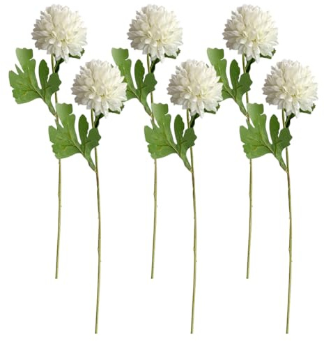 JIHUOO 6 flores artificiales de crisantemos blancos, grandes, flores de bola de crisantemo falsas, flores de hortensias sintéticas, ramos de novia, boda, decoración de mesa de comedor