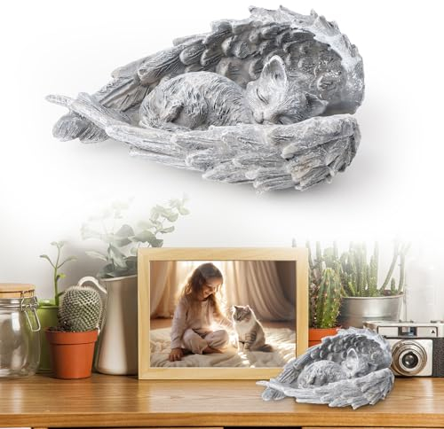 WnlahuWA 1 pezzo di pietra commemorativa di gatto angelo pietra lapide di resina gatti decorazione tomba decorazione decorazione commemorativa animale giardino statua gatto angelo giardino statuette
