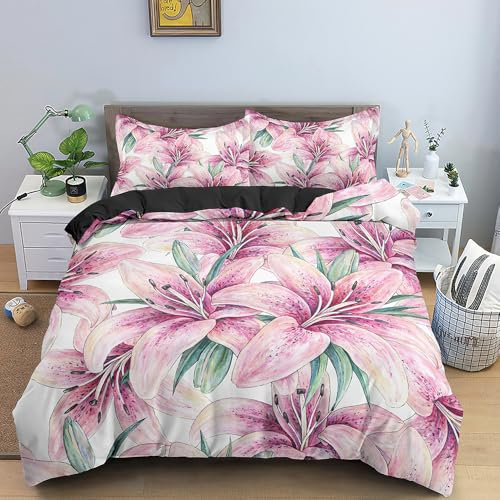 SJSXWQN Funda Nordica Cama 90 Lirio Rosa Edredón Cama 90 para Niñas Niños con Cremallera Suave Transpirable Microfibra Fundas Nordicas 150x220 cm + 2 Fundas de Almohada 50x80 cm
