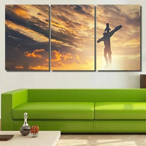QYYAMDEQ Bilder Mit Rahmen 3 Teilig Wohnzimmer Bilder Groß Deko Bilder Jesus Christus Kruzifix Kreuz am Himmel 3 Teiliger Mit Rahmen Hd Für Heimdekoration Personalisierte Leinwandbilder Xxl